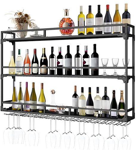 RAJYQODIS Weinregal Wand mit Glashalter, 3 Ebenen Weinpareite Display Rack, Metall Weinflasche Glashalter Wandmontage für Esszimmer Home Bar Küche dekorative (Schwarz, 100cm)
