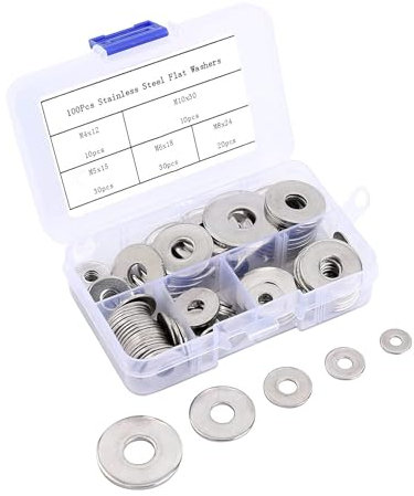 Edelstahl 100 Stück Metallscheiben - Runde Flache Unterlegscheiben in 5 Größen, Silber, Reparaturscheiben