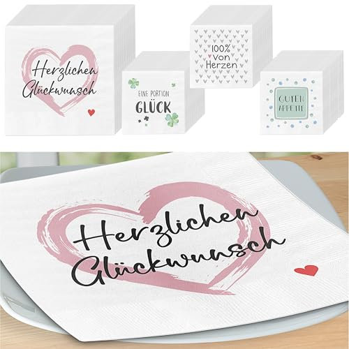 Servietten 'Sprüche' 4 Motive 80er Set | 33x33cm 3-lagig Papierserviette | Herzenssprüche Tischdeko (1 x 80er Set Servietten Sprüche)