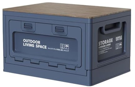 Aufbewahrungsbox für den Außenbereich, Camping-Faltbox-Organizer, Kofferraum, Aufbewahrungsdeckel, Holzdeckel, Industriestil, Campingbox, Aufbewahrungsdeckel, Kunststoffbox,(Blau (Holzdeckel))