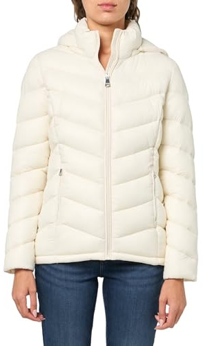 Calvin Klein Klassischer Damen-Puffermantel mit Kapuze und Reißverschluss vorne, Warm, cremefarben, XL