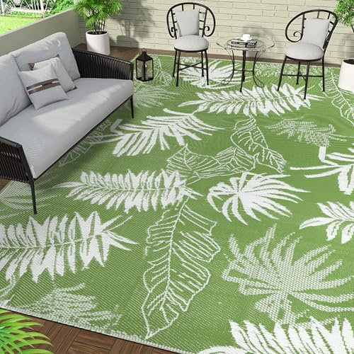 Falflor Large Plastic Outdoor Rug 270X365cm for Patio Waterproof Outdoor Reversible Rug UV Resistant Picnic Blanket Foldable Outdoor Mat for Garden Camping Deck RV Backyard Picnic(Grass Green)
