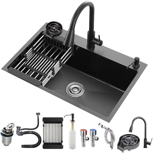 Fregaderos de cocina Fregadero de cocina multifuncional de 3 orificios Fregadero de acero inoxidable negro con lavavasos, dispensador de jabón, grifo, juego de drenaje (55 x 45 cm)