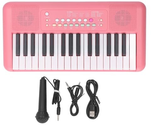 32-Tasten-E-Piano-Tastatur mit Mikrofon, 16 Töne, 10 Rhythmen, Vibrato, Sustain, Echo-Effekte, Elektronische Tastatur für Anfänger (erdbeerrot)