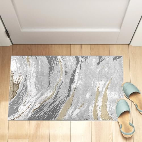 renoazul® Soft Pile Washable Door Mat With Jute Back - Jeze Abstract Rug Ochre - 60 x 110 cm, Marvel Mat For Entrance, Fireside and Corridor Rug