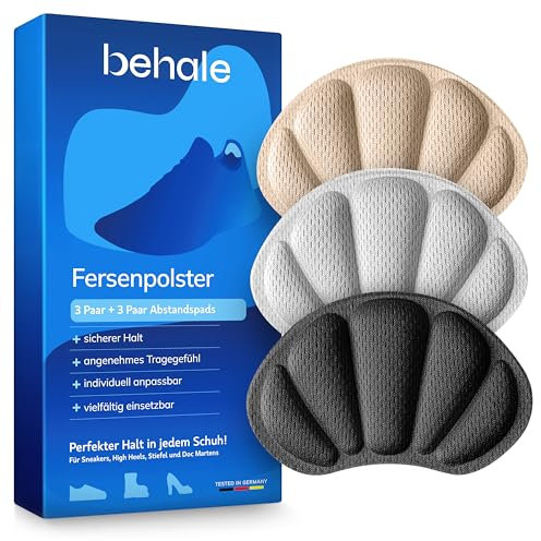 BEHALE Premium Fersenpolster Schuhe mit 3M Kleber – 3 Paar hautfreundliche Anti-Rutsch Einlagen, Fersenschutz & Fersenkissen gegen Blasen inkl. Abstandspads – Schuhe bis 1 Größe verkleinern