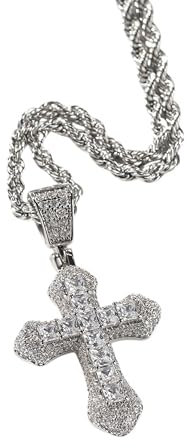 GBTROEY Zirkonia Kreuz Hip Hop Silber Plattiert Iced out Crystal Cross Halskette, Punk-Stil Anhänger Schmuck Mit Edelstahl-Seil-Kette Für Männer Frauen
