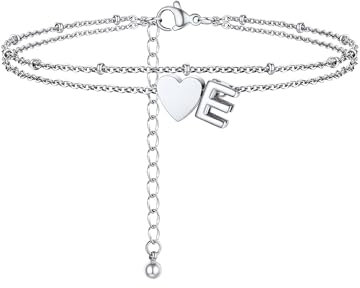 PROSTEEL Bracelet de Cheville Femme Coeur Acier Inoxydable, Chaîne Cheville Initiale Double Couche avec Lettre E, Longueur de 22+5cm