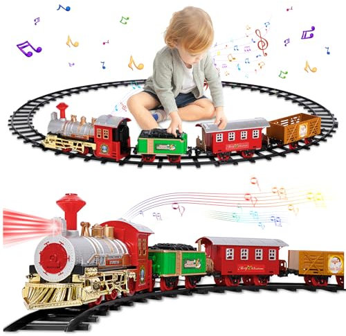 Juego de tren, juegos eléctricos para niños pequeños, juguetes clásicos de trenes, tren de Navidad con sonido, luces, locomotora, 3 coches y 8 pistas, regalos de tren de juguete de Navidad para niños