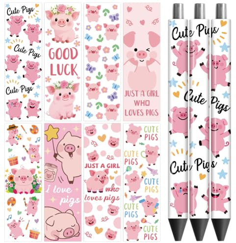 Peacoblue 48 Stück Transferaufkleber,Pink Pig UV DTF Pen Wraps | Wasserfeste DIY Stiftaufkleber für Standard Stifte, Personalisierte Bastelprojekte für Schule, Büro, Lehrer und Kreative