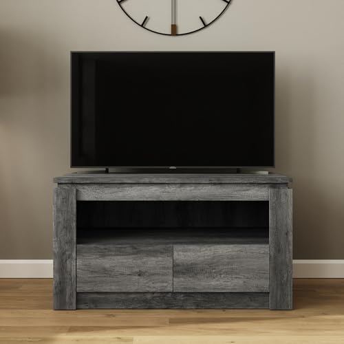 GFW Canyon 2 Drawer TV Unit, Charcoal Grey TV Stand with Storage Drawers & Open Shelf
