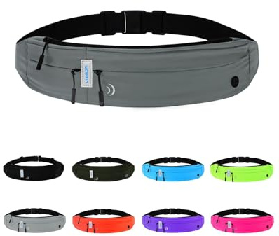 WATERFLY Laufgürtel für Handy Gürteltasche Joggen Lauf Flache Bauchtasche | Hochelastisches Gewebe, Wasserabweisend, 3 Separate Fächer, mit Kopfhöreranschluss, für Die Meisten Smartphones Geeignet