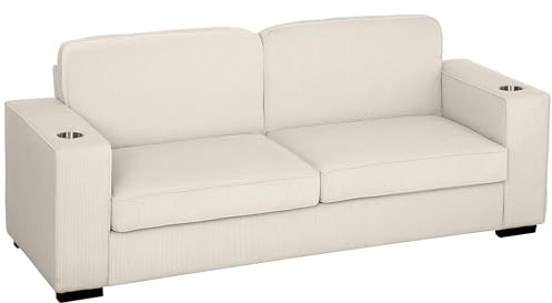 HOMCOM Modern 3 Seater Sofa with Spring Cushion, 210 cm Fabric Sofa Couch with Cup Holders, Upholstered Settee for Living Room, Bedroom, Home Office, Cream White