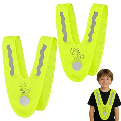 Henjunu 2er Leichte Warnweste Kinder,V-Form Sicherheitsweste Reflektorweste | 360° Hohe Leuchtweste Reflektierende Jacke, Signalkragen Warnschutzweste zur Sicherheit - Waschbar