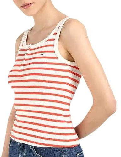 Tommy Hilfiger Damen-Tanktop, Weiß / Rot, Slim Button, weiß, M