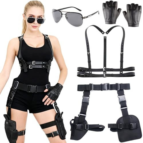 Hifot Beinholster Kostüm Damen Pistolenholster Harness Damen Oberkörper Gürtel Waffenholster Bein Kostüm Holster Pistole Swat Frauen Sonnenbrille Fingerlose Handschuhe Karneval Waffengürtel Fasching
