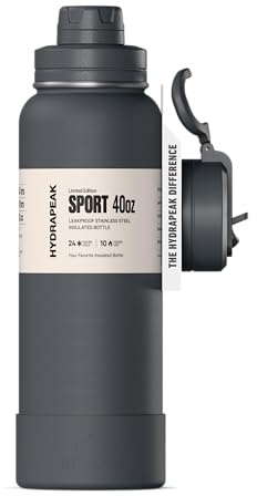 Hydrapeak 40oz Sport Insulated Water Bottle with Straw & Chug Lid, Leak & Spill Proof, Keeps Drinks Cold for 24 Hours, Hot for 12 Hours, Premium Stainless Steel Water Bottles (40oz, Grey Matter)