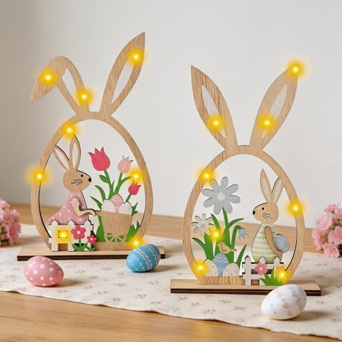LED Osterhase Deko aus Holz 2 Stück Aufsteller zum Frühling und zur Osterdekoration Osterdeko Holz Hase Aufsteller Ostern Hase für Drinnen Draußen Tischdekoration Garten Ostern Frühling Dekoration