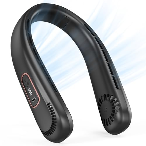 AICPAN Ventilador de Cuello USB, Flujo Aire 360° Recargable 5000mAh, 3 Velocidades Pantalla LED, Silencioso Sin Aspas Portátil, Mujer Hombre Oficina Viajes, Negro