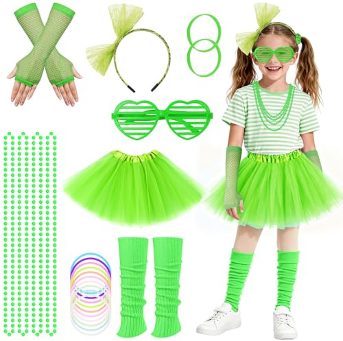 BSBUY 80er 90er Jahre Outfit 80er Faschingskostüme Accessoires Mädchen mit Tutu/Stirnband Ärmel/Armbänder/Haarbänder/Halsketten/Fußsäcke/Brille 90er Outfit Set Kind Kleidung Neon Party Karneval