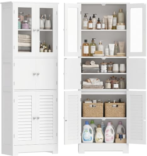 HOMCOM Armadietto alto da bagno moderno 60x30x170,5cm Bianco | Armadietto, colonna da bagno, 6 ante (2 vetro, 2 persiane), ripiano regolabile, per soggiorno, camera da letto