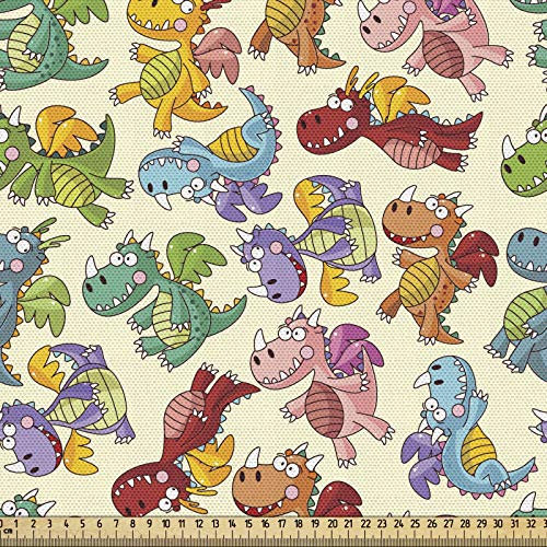 ABAKUHAUS Drachen Stoff als Meterware, Silly Fairy Feuerdrachen, Qualitäts Stoff Dekorativer Polster Heimtextilienstoff, 2M (148x200cm), Grün Beige