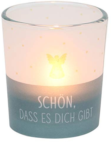 Dekohelden24 Windlichtglas mit Motiv auf Einer transparenten Banderole, inkl. 1 Teelicht, H/Ø: 6,5 x 6 cm, Motiv: Schön, DASS es Dich gibt.