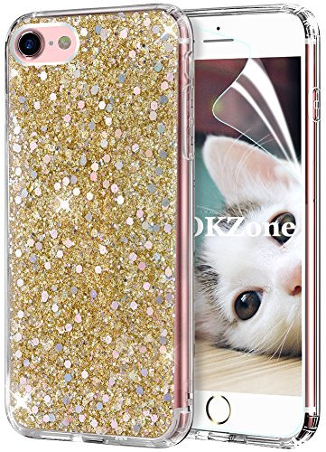 OKZone iPhone SE(2020) Phone Case [with HD Screen Protector], Bling Glitter Design Soft Gel TPU Silicone Skin Cover Anti-scratch Protective Case for iPhone SE(2020) (4.7 Inches) (Gold)