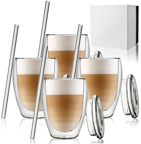 ANWA® DESIGN 4 Doppelwandige Kaffeegläser/Thermogläser (350ml Volumen) mit Deckel, inkl. 4 Glasstrohhalme - Cappuccino Gläser - Latte Macchiato Gläser doppelwandig