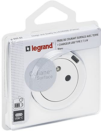 LEGRAND | Prise 2P+T Surface USB Type C, Céliane, Chargeur USB Intégré Pour Smartphone Et Tablette, Remplace Une Prise Standard, Livrée Complète Avec Plaque Blanc