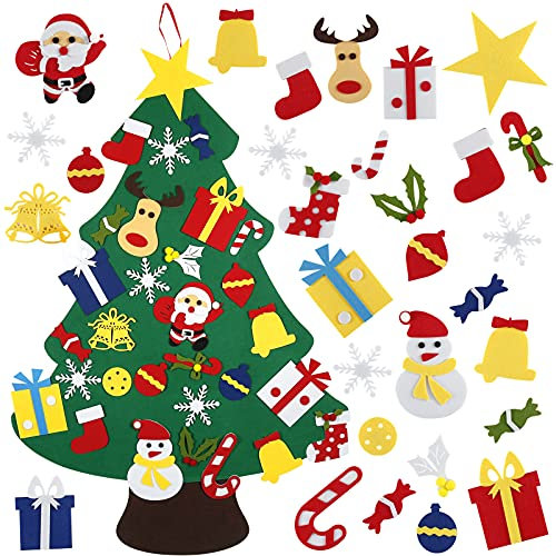 BYKITCHEN Filz-Weihnachtsbaum für Kinder mit 30 abnehmbaren Ornamenten, 100 cm DIY Filz Wand Weihnachtsbaum für Kleinkinder, Wandbehang, Weihnachtsdekoration, Bastelsets