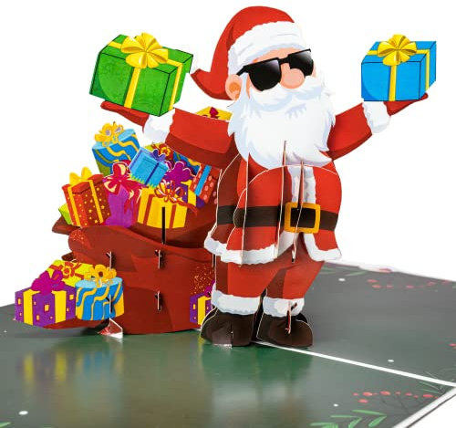 LIMAH® Pop-Up 3D Grußkarte/Hochwertige Weihnachtskarte/X-Mas Karte zu Weihnachten/in Grün/Motiv Cooler Weihnachtsmann mit Sonnenbrille und einem Geschenkesack