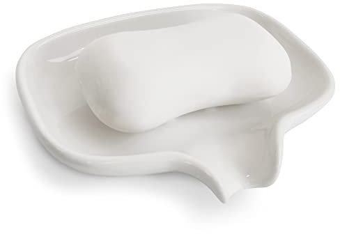 Multi-Color Ceramic Soap Dish for Kitchen or Bathroom, Easy to Clean, Self Draining Soap Holder, Keeps Soap Dry (White)