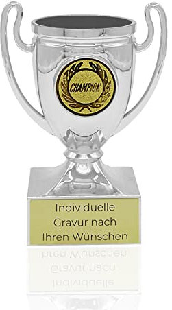 Pokal mit Gravur Wunschtext | Pokale Kindergeburtstag | Henkelpokal als Geschenk für Kinder, Frauen und Männer mit Embleme | Wanderpokal für jeden Anlass | Trophäe Mini Pokal in DREI Farben (Silber)