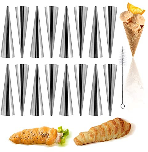 XZM 16 Pcs Backform Hörnchen, Sahnehornform, Cannoli Röhrchen, Croissant Backform, Croissant Form für Cannoli-Röhren, Croissant (Cremekegel) mit Reinigungsbürste