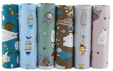 AMORNPHAN Bear and Fish Animals Cartoon Printed 100% Cotton Quilting Bundles Fabric for Patchwork Needlework DIY Sewing Crafting Precut Face Mask 16x20 Inches (40x50cm.) Set of 6 Pieces (Bear&Fish)