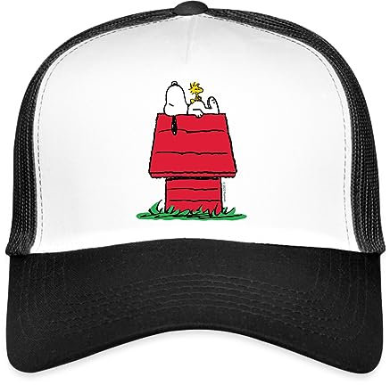 Spreadshirt Peanuts Snoopy Woodstock Und Die Hundehütte Trucker Cap, One Size, Weiß/Schwarz