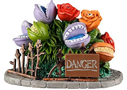 Lemax - Fearsome Flowers | Toothy Blooms Guarded by Fencing & a Warning Sign | 4 x 7 x 4 cm | Spooky Town Tischaufsteller