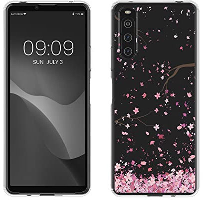 kwmobile Case kompatibel mit Sony Xperia 10 IV - Hülle Silikon transparent Kirschblütenblätter Rosa Dunkelbraun Transparent
