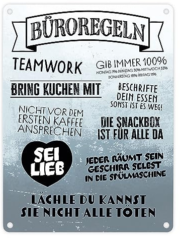 Büroregeln Metallschild in 15x20 cm Blechschild für das Büro Dekoration witzig mit Sprüchen Regeln im Büro Deko für den Arbeitsplatz Verhaltensregeln lustig