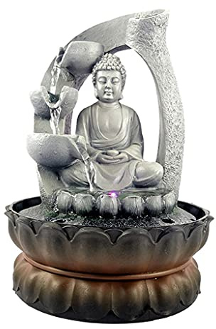 DUPLUSFUN Springbrunnen Wasserfall Buddha Tabletop Springbrunnen Indoor LED-Leuchten Desktop Schlafzimmer Wasser Fengshui Wasserfall Feature Home Office Decor Meditation