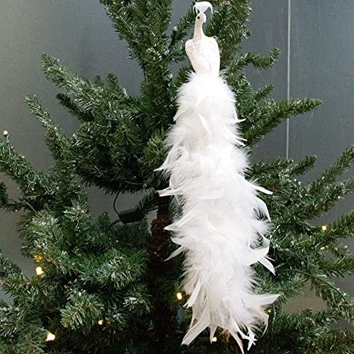 White Faux Peacock Ornaments Blue Peacock Decoration for Christmas Tree Artificial Glitter Peacocks Decor with Feather Tail and Clip (1 Pack, White A)