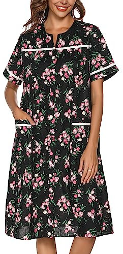 YOZLY House Dress Womens Embroidered Housecoat Short Sleeve Duster Robe with Front Pockets, Flower Black, X-Large