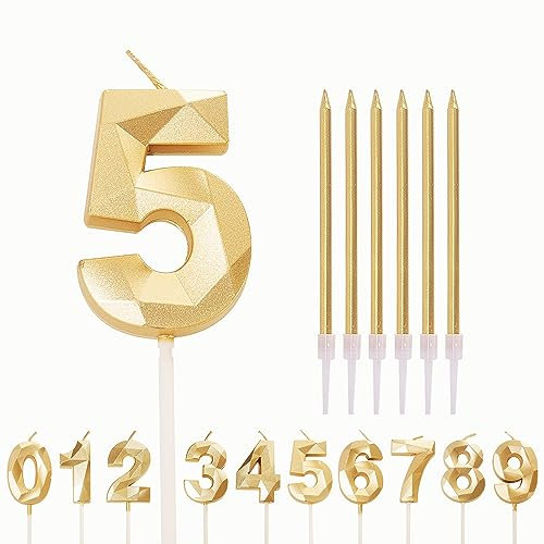 HONGCI Number Candle Gold 5 Candle 5th Birthday Candles Cake, Happy Birthday Candles 5th Birthday Cake Candles Cake Topper Kids Girls Boys Birthday Wedding Company Anniversary Cake Decorations