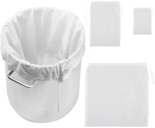 Firavggu 4 Pezzi Sacchetto Filtro per Straining, 200 Micro Mesh Strainer Bag Filtrante in Nylon Fine Panno Filtrante a Maglia con Coulisse Borsa per Birra Homebrew per Frutta, Sidro, UVA, Vino