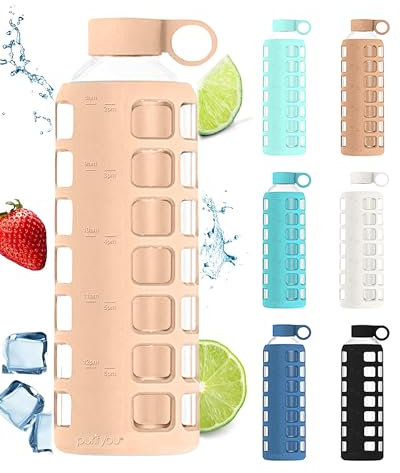 purifyou Bouteilles d'eau en verre de qualité supérieure – 102/81/56/355 ml – Bouteille réutilisable avec marquages de temps et de volume – Manchon en silicone et couvercle en acier inoxydable pour