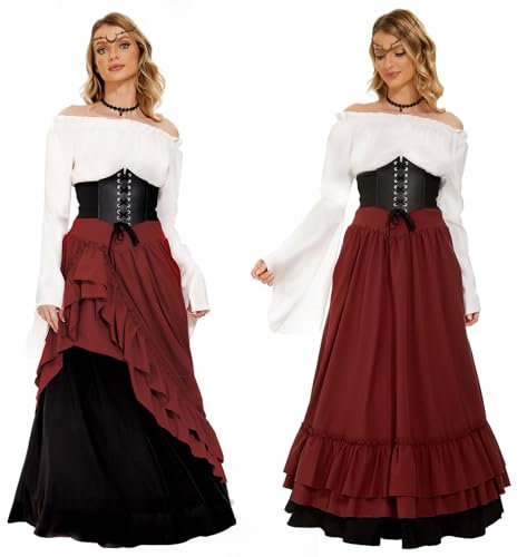 JONRRYIN Mittelalter Kostüm für Damen, Renaissance Viktorianisches Kleid, Mittelalter Kleidung Accessoires mit Ausgestellten Ärmeln und Hoher Taille, Gothic Retro Kleid Karneval Halloween (Rot, S)