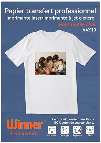 WinnerTransfer A4 x 10 feuilles Papier transfert professionnelle pour textile blanc et clair, compatible imprimante jet d'encre et laser, impression non miroir (FR-WT-2-6.0-10)