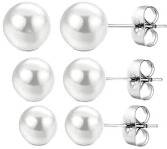 PACK 3 PARES PENDIENTES PERLAS - 3 tamaños distintos (4mm/6mm/8mm). Pendientes de acero inoxidable hipoalergénicos. Pendiente de perla. Pendientes para mujer.