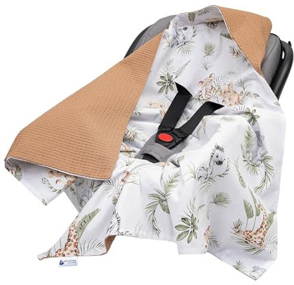 Medi Partners Einschlagdecke Baby Babyschale 100% Baumwolle für Sommer 85x85cm Kinderwagen Kuscheldecke universal Baby Decke Einschlagdecken Babydecke Buggy Autositz (Safari mit Grauer Waffel)